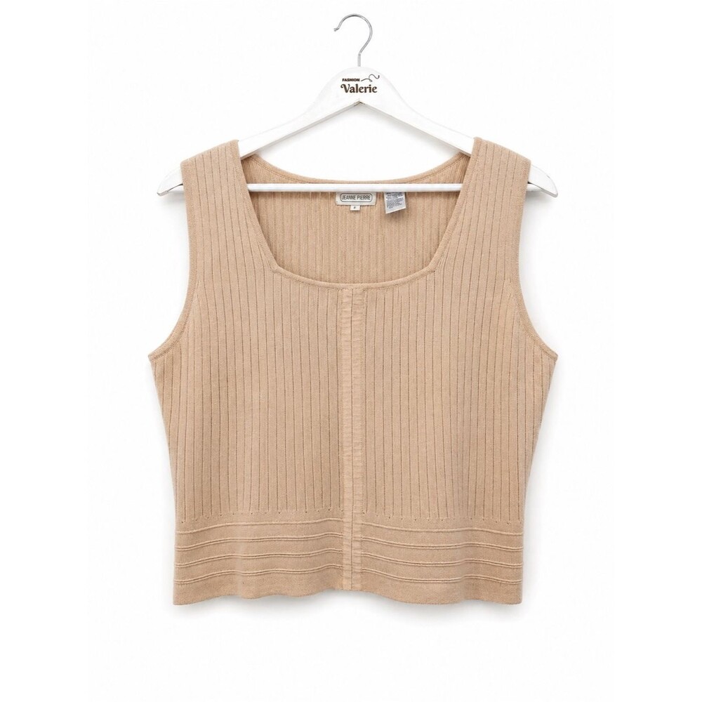 Jeanne Pierre Beige Knit Tank Top Cotton Size Large Fitted Vintage Neutral